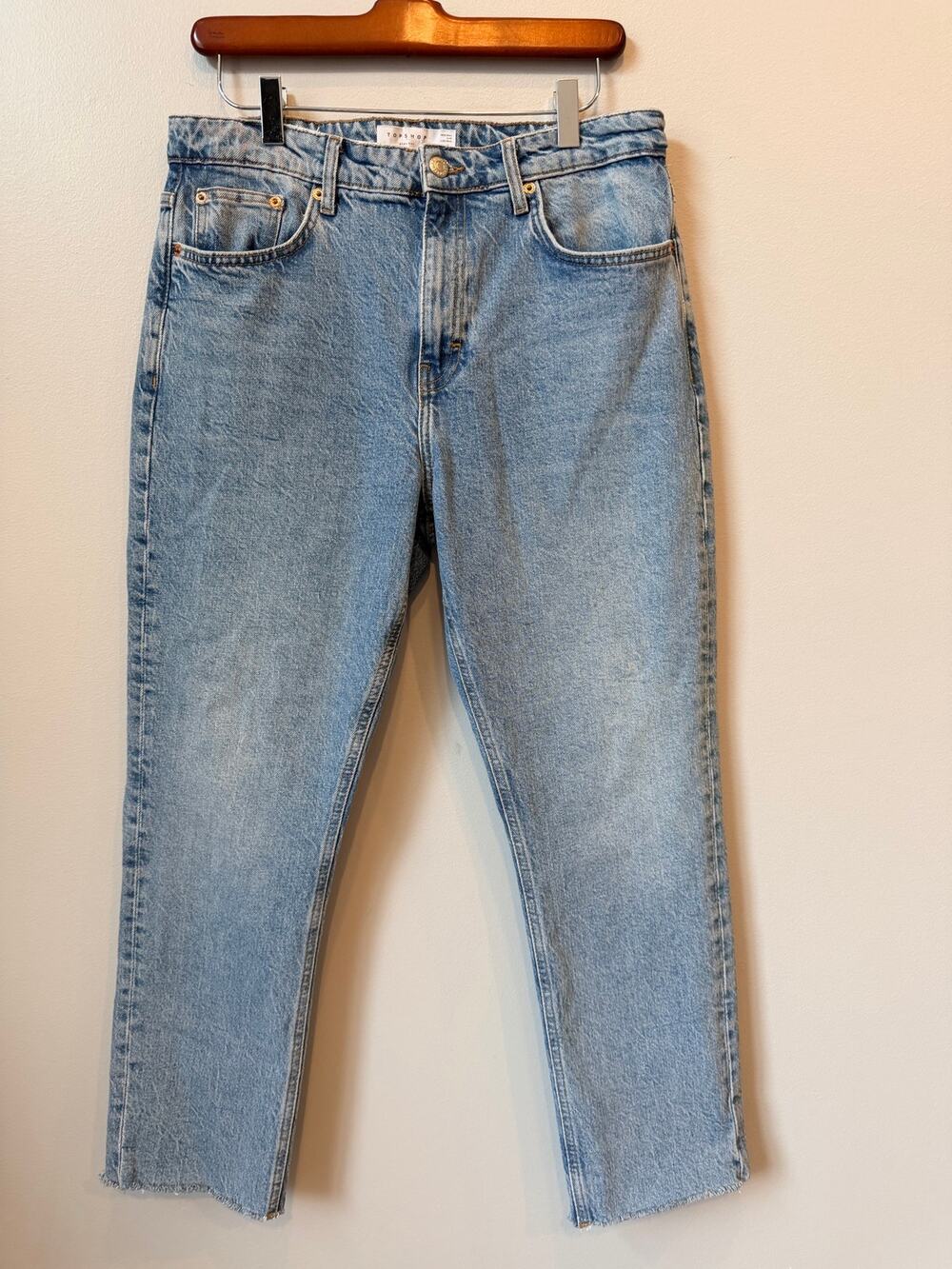 Topshop Straight Leg Jeans Light Wash Raw Hem High Rise Women's Size W32 L32
